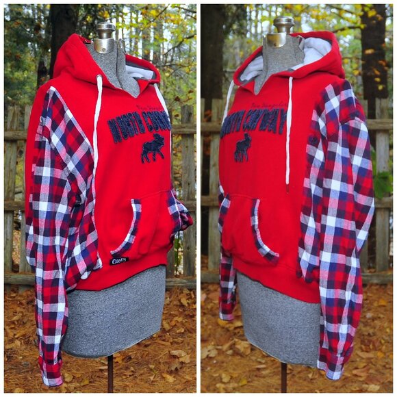 North Conway NH Upcycled Reconstructed Red Hoodie Sweatshirt Med Check Sleeves - Picture 7 of 11